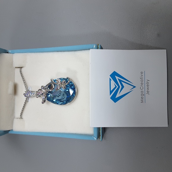 Butterfly Teardrop Pendant Necklace with Aquamarine Swarovski crystal - Picture 2 of 5